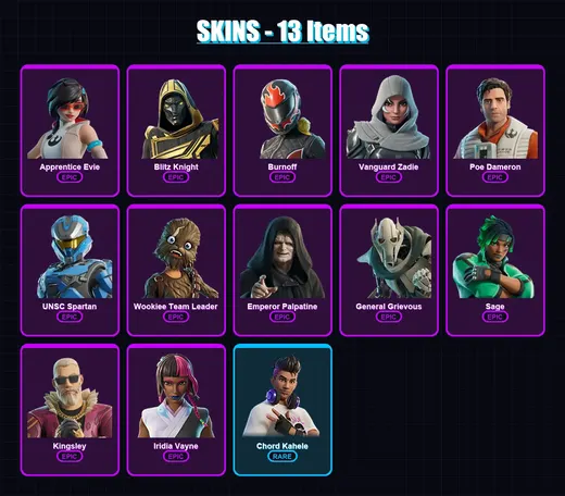 [PS4/PS5/XBOX/PC] | Apprentice Evie | Blitz Knight | Burnoff | Vanguard Zadie | Poe Dameron | 13 skin | 44 pickaxe | 19 emote | 32 glider | Lv488 — Game account