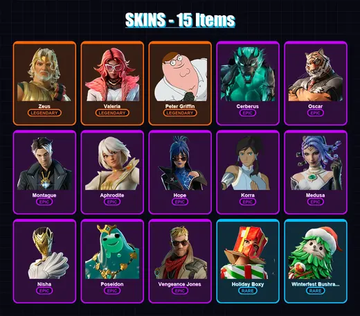 [PC/XBOX/PSN] | Zeus | Valeria | Peter Griffin | Cerberus | Oscar | 15 skin | 28 pickaxe | 19 emote | 28 glider | Lv343
