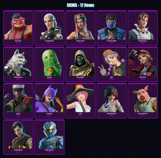 [PC/XBOX] | Fish Thicc | Cassidy Quinn | Keisha Cross | Sub-Zero (MK3) | Nolan Chance | 17 skin | 62 pickaxe | 29 emote | 42 glider | Lv498