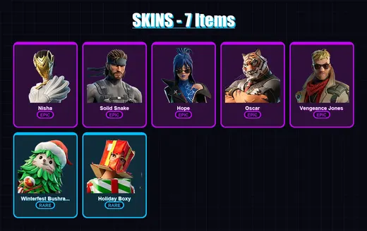 [PS4/PS5/XBOX/PC] | Nisha | Solid Snake | Hope | Oscar | Vengeance Jones | 7 skin | 7 pickaxe | 7 emote | 11 glider | Lv68 — Game account