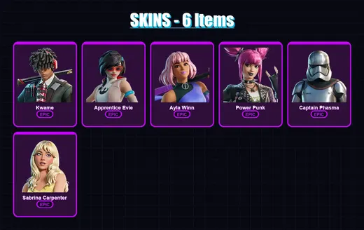 [PC/XBOX/PSN] | Kwame | Apprentice Evie | Ayla Winn | Power Punk | Captain Phasma | 6 skin | 6 pickaxe | 5 emote | 4 glider | Lv18
