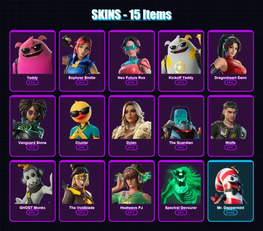 [PC/XBOX/PSN] | Yeddy | Explorer Emilie | Neo Future Rox | Kickoff Yeddy | Dragonheart Demi | 15 skin | 37 pickaxe | 22 emote | 30 glider | Lv442