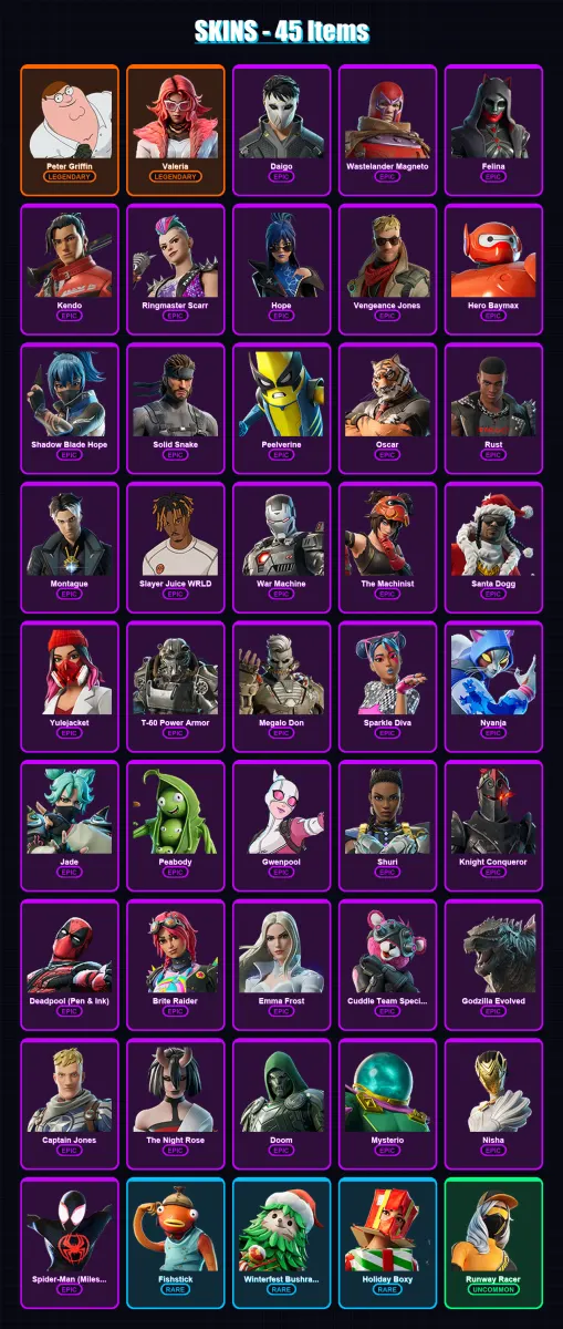 [PC/XBOX/PSN] | Peter Griffin | Valeria | Daigo | Wastelander Magneto | Felina | 45 skin | 81 pickaxe | 61 emote | 58 glider | Lv1113
