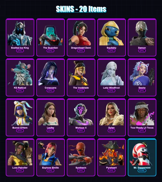 [PC/XBOX/PSN] | Exalted Ice King | The Guardian | Dragonheart Demi | Squibbly | Damon | 20 skin | 20 pickaxe | 8 emote | 13 glider | Lv58