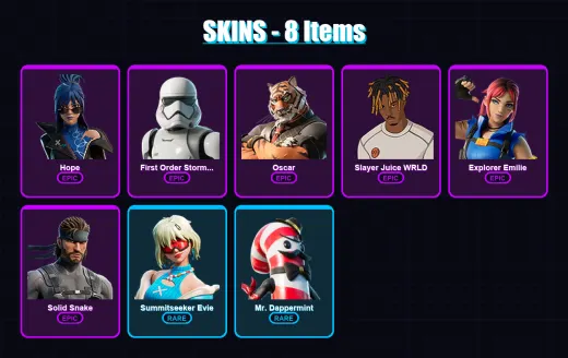 [PC/PSN] | Hope | First Order Stormtrooper | Oscar | Slayer Juice WRLD | Explorer Emilie | 8 skin | 6 pickaxe | 6 emote | 9 glider | Lv52