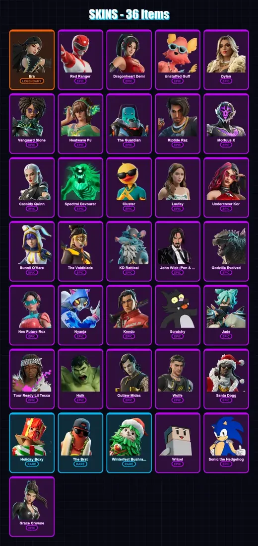 [PC/PSN] | Era | Red Ranger | Dragonheart Demi | Unstuffed Guff | Dylan | 36 skin | 48 pickaxe | 29 emote | 32 glider | Lv379