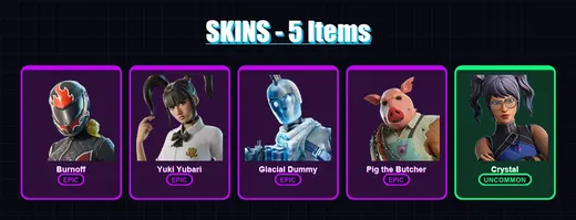 [PC/XBOX/PSN] | Burnoff | Yuki Yubari | Glacial Dummy | Pig the Butcher | Crystal | 5 skin | 41 pickaxe | 14 emote | 27 glider | Lv231