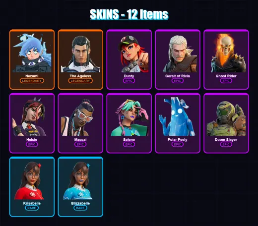 [PC/XBOX/PSN] | Nezumi | The Ageless | Dusty | Geralt of Rivia | Ghost Rider | 12 skin | 24 pickaxe | 18 emote | 19 glider | Lv327