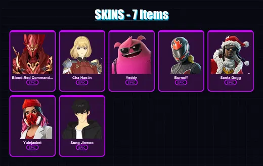 [PC] | Blood-Red Commander Igris | Cha Hae-In | Yeddy | Burnoff | Santa Dogg | 7 skin | 20 pickaxe | 8 emote | 15 glider | Lv77