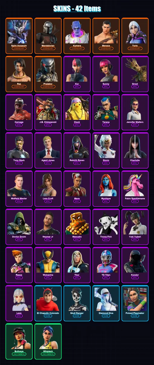 [PS4/PS5/XBOX/PC] | Spire Assassin | Mandalorian | Kymera | Menace | Torin | 42 skin | 51 pickaxe | 37 emote | 47 glider | Lv971