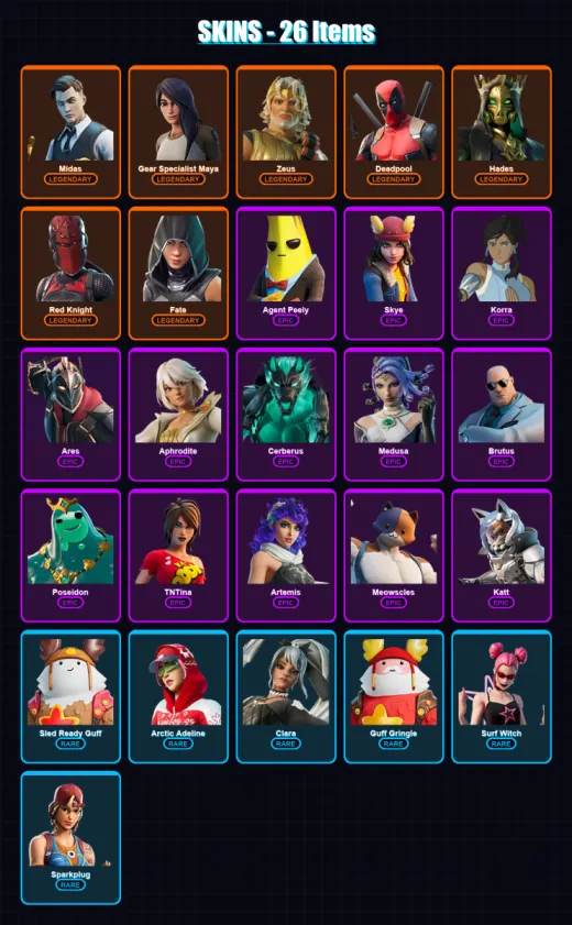 [PC/PSN] | Midas | Gear Specialist Maya | Zeus | Deadpool | Hades | 26 skin | 35 pickaxe | 31 emote | 28 glider | Lv492