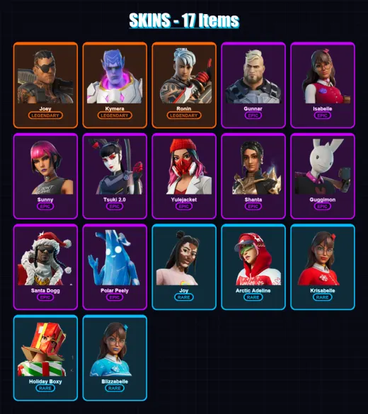 [PC/XBOX/PSN] | Joey | Kymera | Ronin | Gunnar | Isabelle | 17 skin | 38 pickaxe | 28 emote | 36 glider | Lv394