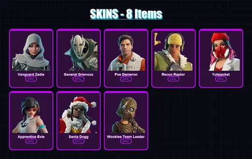 [PS4/PS5/XBOX/PC] | Vanguard Zadie | General Grievous | Poe Dameron | Recon Raptor | Yulejacket | 8 skin | 39 pickaxe | 15 emote | 22 glider | Lv226