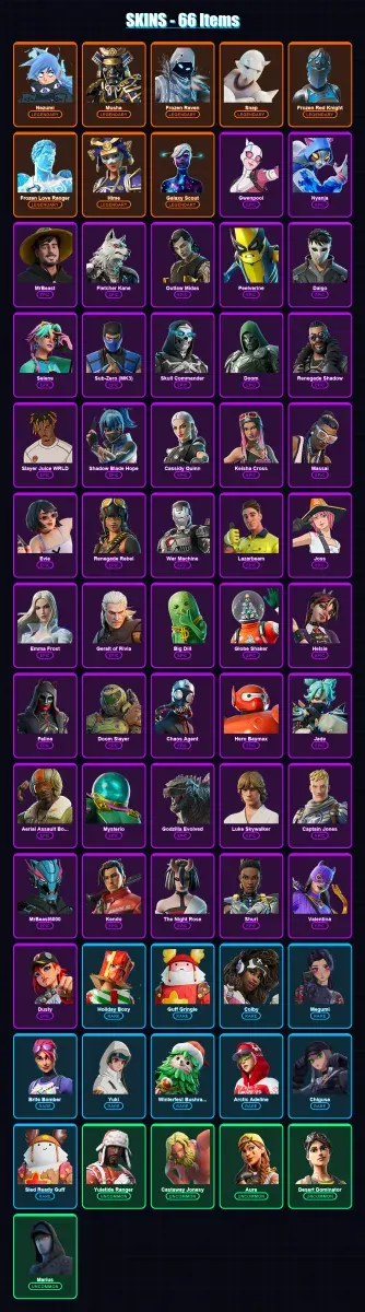 [PS4/PS5/XBOX/PC] | Nezumi | Musha | Frozen Raven | Snap | Frozen Red Knight | 66 skin | 73 pickaxe | 59 emote | 55 glider | Lv616