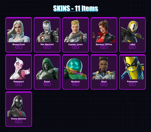 [PC/XBOX/PSN] | Emma Frost | War Machine | Captain Jones | Dynamo TNTina | 1-Ball | 11 skin | 16 pickaxe | 16 emote | 18 glider | Lv293 — Game account