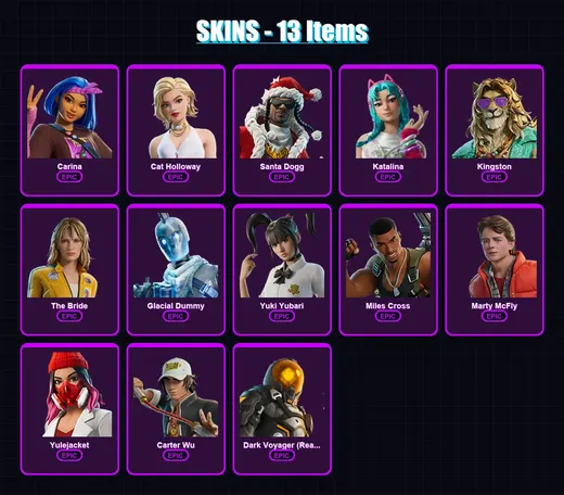 [PC/XBOX/PSN] | Carina | Cat Holloway | Santa Dogg | Katalina | Kingston | 13 skin | 43 pickaxe | 21 emote | 31 glider | Lv285
