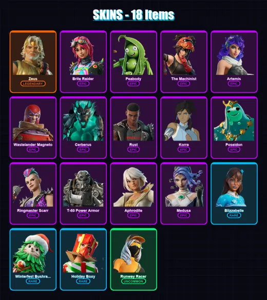 [PC/XBOX/PSN] | Zeus | Brite Raider | Peabody | The Machinist | Artemis | 18 skin | 33 pickaxe | 28 emote | 28 glider | Lv475