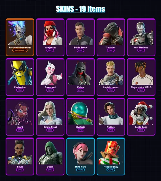 [PS4/PS5/XBOX/PC] | Renzo the Destroyer | Yulejacket | Eddie Brock | Thunder | War Machine | 19 skin | 39 pickaxe | 22 emote | 24 glider | Lv305