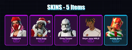 [PC/PSN] | Yulejacket | Santa Dogg | Clone Trooper | Slayer Juice WRLD | Holiday Boxy | 5 skin | 30 pickaxe | 15 emote | 25 glider | Lv396