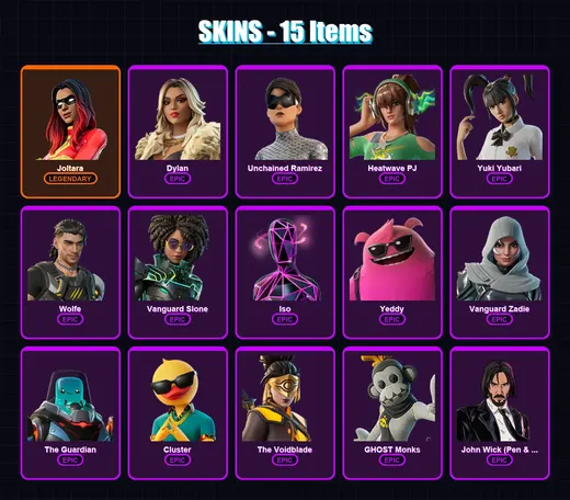 [PC/XBOX] | Joltara | Dylan | Unchained Ramirez | Heatwave PJ | Yuki Yubari | 15 skin | 68 pickaxe | 31 emote | 39 glider | Lv586 — Game account
