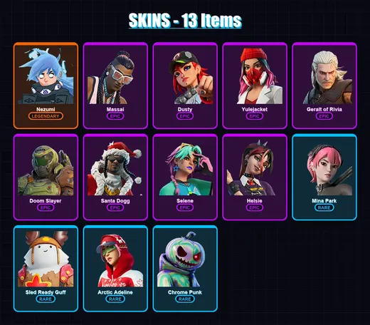 [PC/XBOX/PSN] | Nezumi | Massai | Dusty | Yulejacket | Geralt of Rivia | 13 skin | 27 pickaxe | 14 emote | 30 glider | Lv294