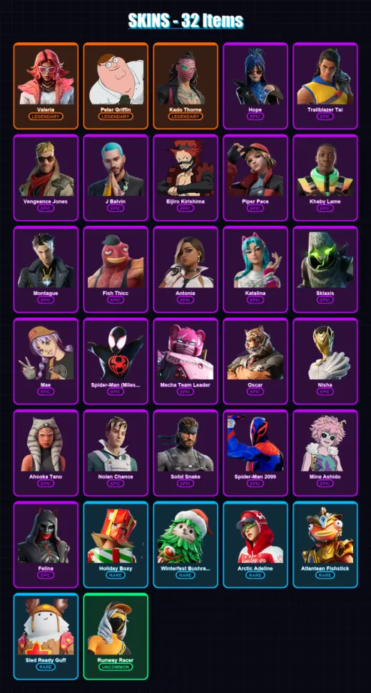 [PC/XBOX/PSN] | Valeria | Peter Griffin | Kado Thorne | Hope | Trailblazer Tai | 32 skin | 71 pickaxe | 74 emote | 53 glider | Lv912