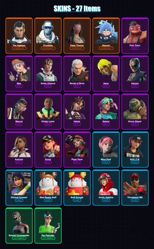 [PC/XBOX/PSN] | The Ageless | Frostbite | Kado Thorne | Nezumi | Fish Thicc | 27 skin | 27 pickaxe | 30 emote | 29 glider | Lv359