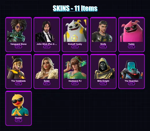[PC/XBOX/PSN] | Vanguard Slone | John Wick (Pen & Ink) | Kickoff Yeddy | Wolfe | Yeddy | 11 skin | 36 pickaxe | 16 emote | 26 glider | Lv261