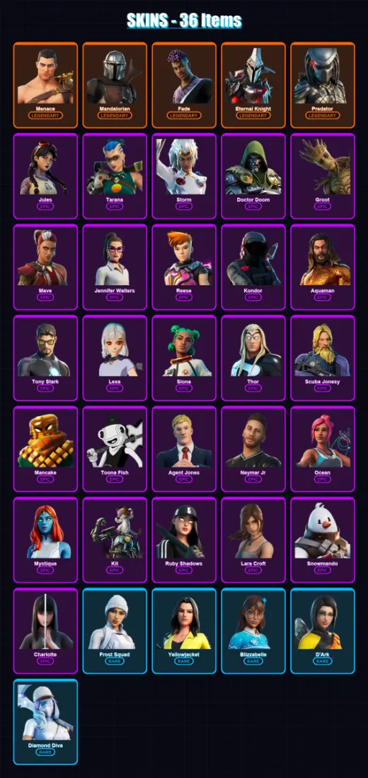 [PC/XBOX/PSN] | Menace | Mandalorian | Fade | Eternal Knight | Predator | 36 skin | 46 pickaxe | 29 emote | 40 glider | Lv495