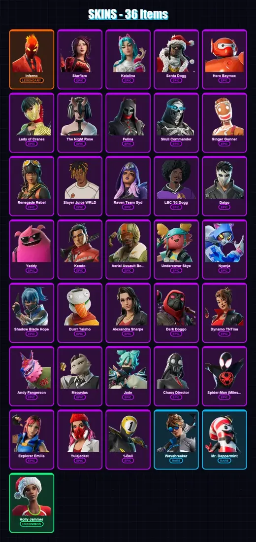 [PS4/PS5/PC] | Inferno | Starflare | Katalina | Santa Dogg | Hero Baymax | 36 skin | 87 pickaxe | 36 emote | 52 glider | Lv756