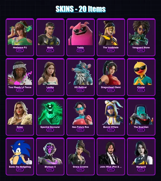[PC/XBOX/PSN] | Heatwave PJ | Wolfe | Yeddy | The Voidblade | Vanguard Slone | 20 skin | 31 pickaxe | 18 emote | 17 glider | Lv283