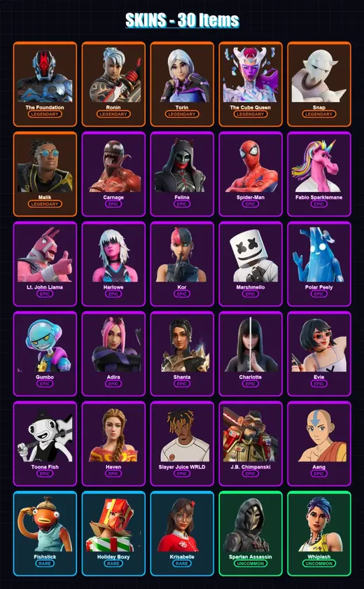 [PC/XBOX/PSN] | The Foundation | Ronin | Torin | The Cube Queen | Snap | 30 skin | 52 pickaxe | 62 emote | 43 glider | Lv804