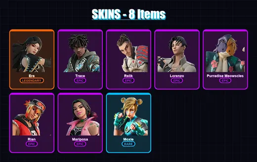[PC/XBOX/PSN] | Era | Trace | Relik | Lorenzo | Purradise Meowscles | 8 skin | 12 pickaxe | 9 emote | 13 glider | Lv117