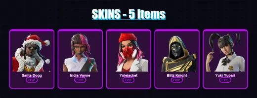 [PC/XBOX/PSN] | Santa Dogg | Iridia Vayne | Yulejacket | Blitz Knight | Yuki Yubari | 5 skin | 56 pickaxe | 25 emote | 33 glider | Lv408