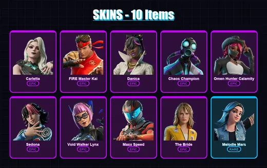 [PC/PSN] | Carletta | FIRE Master Kai | Danica | Chaos Champion | Omen Hunter Calamity | 10 skin | 8 pickaxe | 6 emote | 8 glider | Lv48