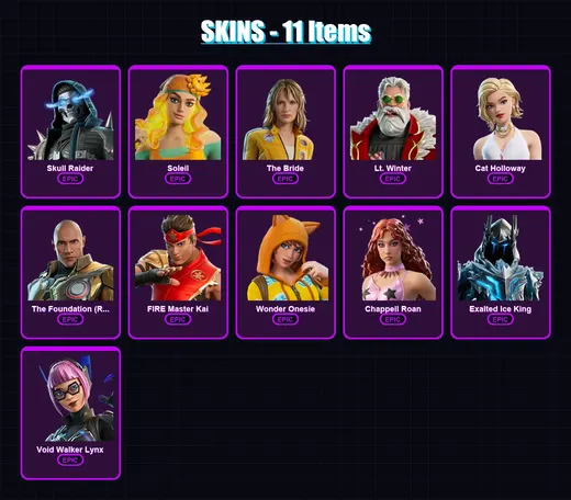 [PC/XBOX/PSN] | Skull Raider | Soleil | The Bride | Lt. Winter | Cat Holloway | 11 skin | 11 pickaxe | 11 emote | 8 glider | Lv30