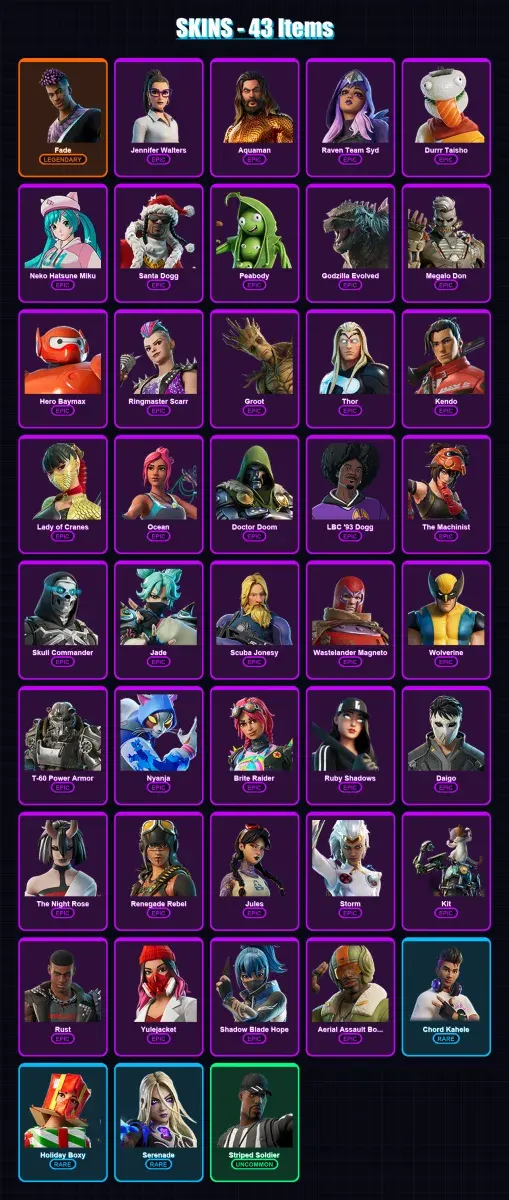 [PC/PSN] | Fade | Jennifer Walters | Aquaman | Raven Team Syd | Durrr Taisho | 43 skin | 77 pickaxe | 47 emote | 66 glider | Lv831