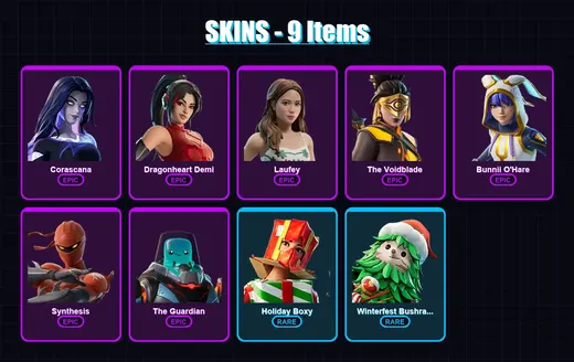 [PC] | Corascana | Dragonheart Demi | Laufey | The Voidblade | Bunnii O'Hare | 9 skin | 7 pickaxe | 3 emote | 8 glider | Lv40