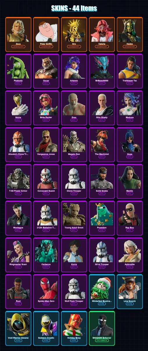 [PS4/PS5/XBOX/PC] | Zeus | Peter Griffin | Oro | Valeria | Hades | 44 skin | 40 pickaxe | 31 emote | 29 glider | Lv484