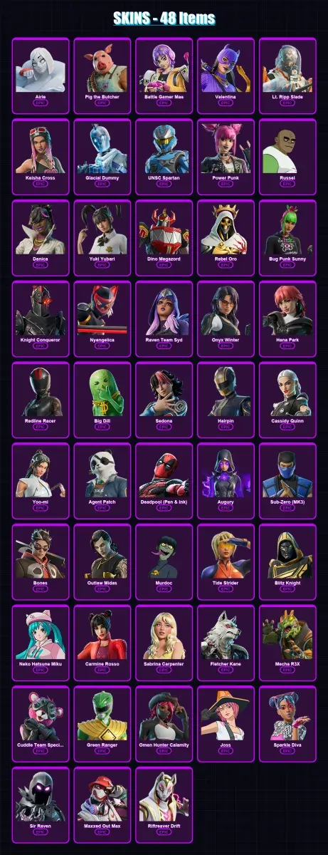 [PC/PSN] | Airie | Pig the Butcher | Battle Gamer Mae | Valentina | Lt. Ripp Slade | 48 skin | 88 pickaxe | 54 emote | 57 glider | Lv635