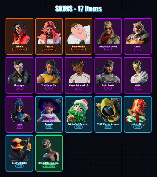 [PC/XBOX/PSN] | Joltara | Valeria | Peter Griffin | Vengeance Jones | Oscar | 17 skin | 18 pickaxe | 22 emote | 16 glider | Lv403