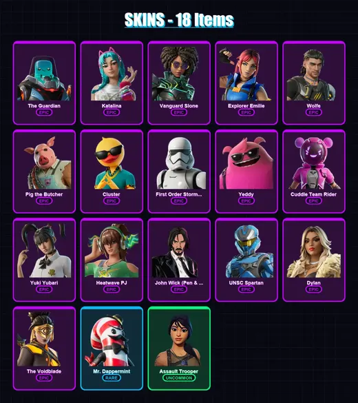 [PC/XBOX/PSN] | The Guardian | Katalina | Vanguard Slone | Explorer Emilie | Wolfe | 18 skin | 49 pickaxe | 27 emote | 34 glider | Lv696