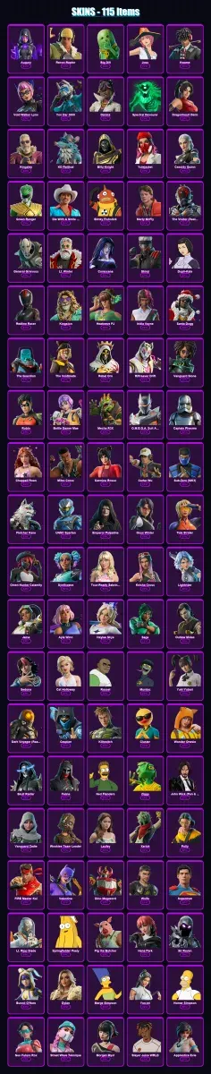 [PS4/PS5/XBOX/PC] | Augury | Recon Raptor | Big Dill | Joss | Kwame | 115 skin | 179 pickaxe | 139 emote | 106 glider | Lv2264