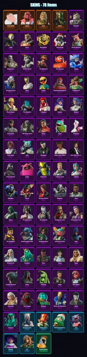 [PC] | Peter Griffin | Valeria | Zeus | Hades | Meowdas | 78 skin | 135 pickaxe | 90 emote | 92 glider | Lv1526