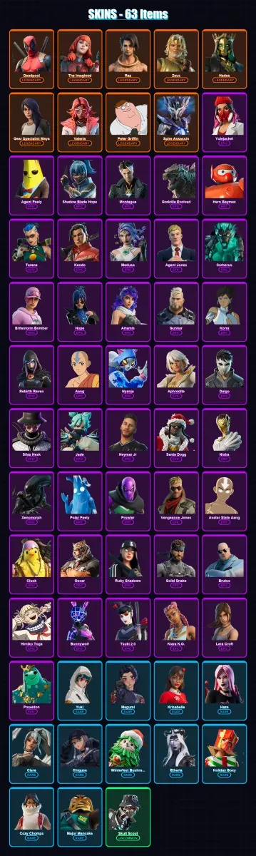 [SWITCH/XBOX/PC] | Deadpool | The Imagined | Raz | Zeus | Hades | 63 skin | 89 pickaxe | 79 emote | 69 glider | Lv739