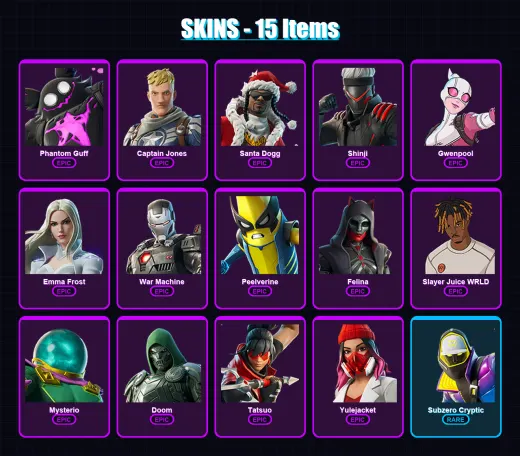 [PC/XBOX] | Phantom Guff | Captain Jones | Santa Dogg | Shinji | Gwenpool | 15 skin | 67 pickaxe | 32 emote | 44 glider | Lv552