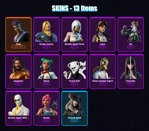 [PC/XBOX/PSN] | Fade | Scuba Jonesy | Double Agent Hush | Jules | Kit | 13 skin | 15 pickaxe | 18 emote | 19 glider | Lv250