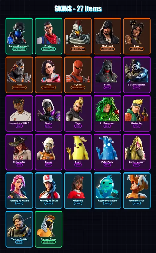 [PC/XBOX] | Carbon Commando | Prodigy | Sentinel | Blackheart | Luxe | 27 skin | 58 pickaxe | 51 emote | 50 glider | Lv987 — Game account