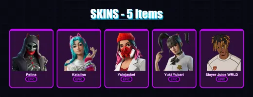 [PC/XBOX/PSN] | Felina | Katalina | Yulejacket | Yuki Yubari | Slayer Juice WRLD | 5 skin | 38 pickaxe | 9 emote | 22 glider | Lv240