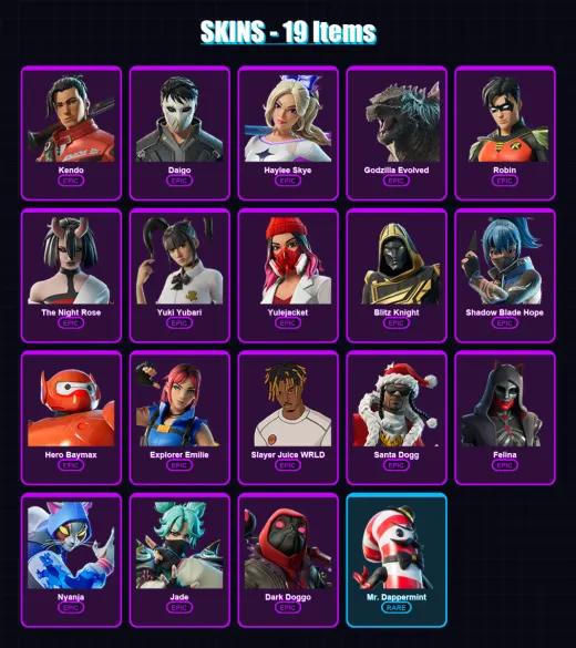 [PC/PSN] | Kendo | Daigo | Haylee Skye | Godzilla Evolved | Robin | 19 skin | 49 pickaxe | 19 emote | 28 glider | Lv306